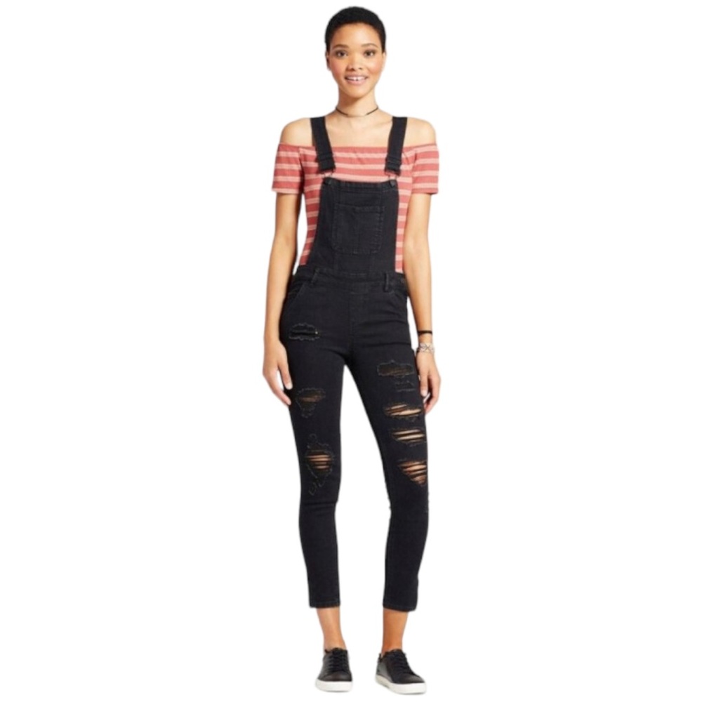 Dollhouse Junior's black distressed skinny jean overalls, Sz 7